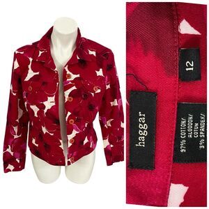 Haggar Blazer Womens Sz 12 Red Floral Jacket Office Workwear Coastal Resort